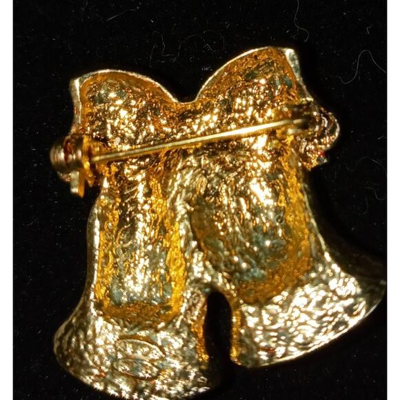 Avon Christmas Bells Gold Tone Red Ribbon Vintage Brooch - Picture 3 of 3